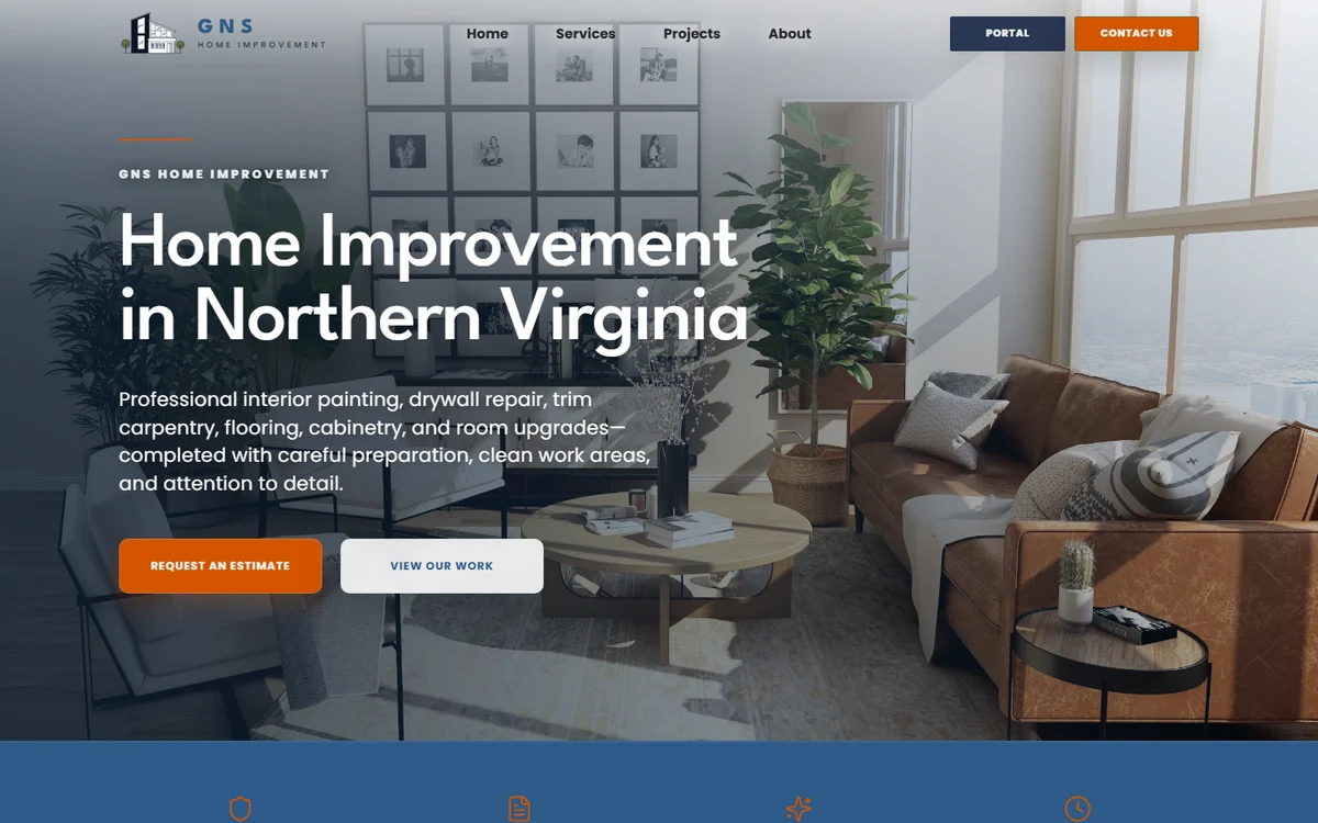 GNS Home Improvement homepage screenshot showing its navigation and hero section