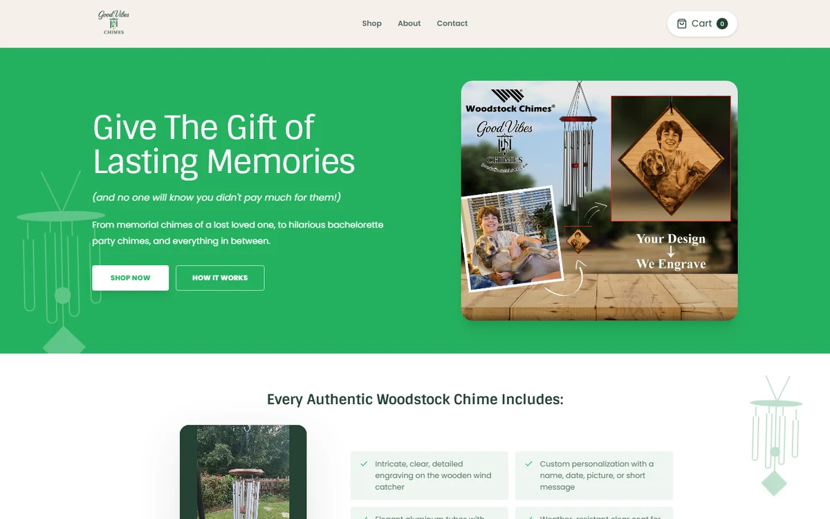 Good Vibes Chimes homepage screenshot showing its navigation and hero section